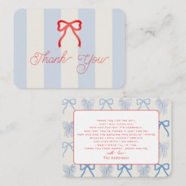 Red Bow & Pale Blue Stripes Baby Shower Thank You Mitteilungskarte