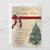 Red Bow, Pine Tree, Stars Weihnachtsfest Party Einladung (Vorderseite)