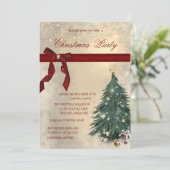 Red Bow, Pine Tree, Stars Weihnachtsfest Party Einladung (Stehend Vorderseite)