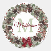 Red Bow Pinecone Wreath Monogram Runder Aufkleber (Vorderseite)