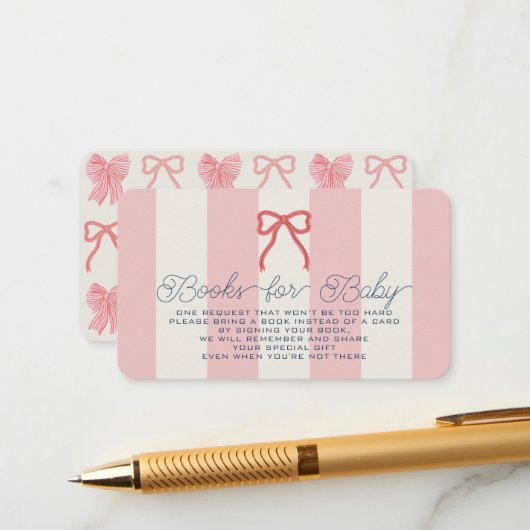 Red Bow & Pink Stripes Baby Shower Book Request Begleitkarte (Vorderseite/Rückseite Beispiel)