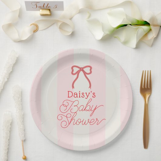 Red Bow & Pink Stripes Baby Shower Pappteller (Hochzeit)