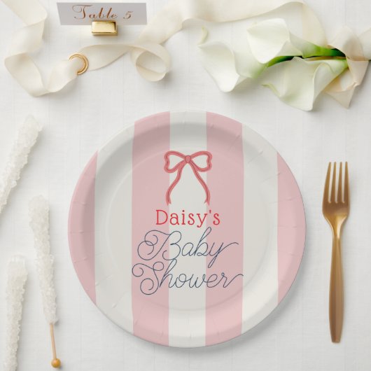 Red Bow & Pink Stripes Baby Shower Pappteller (Hochzeit)