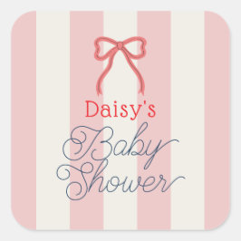 Red Bow & Pink Stripes Baby Shower Quadratischer Aufkleber