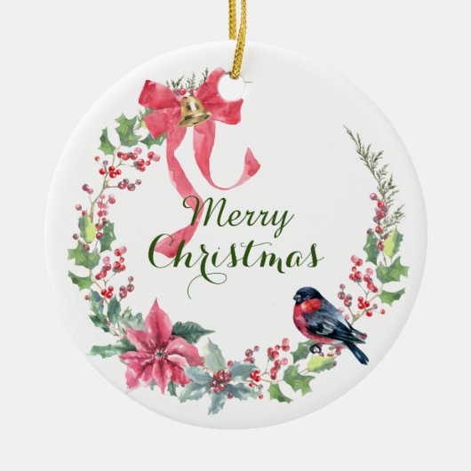 Red Bow Poinsettia Bird Holiday Wreath Keramik Ornament (Vorne)