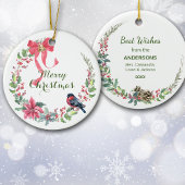 Red Bow Poinsettia Bird Holiday Wreath Keramik Ornament