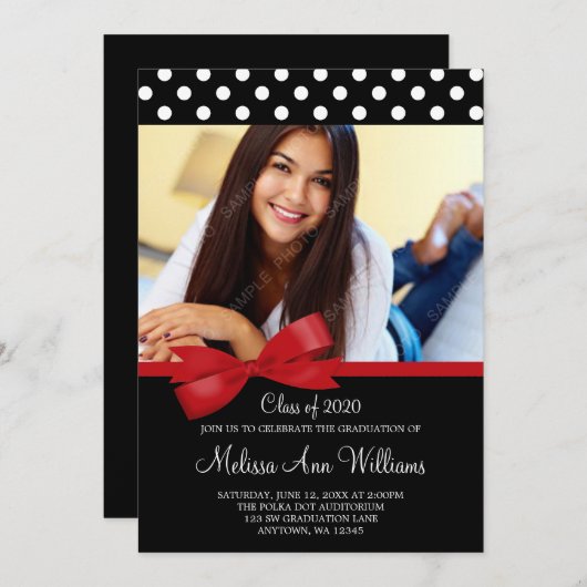 Red Bow Polka Dots Foto Abschluss Ankündigung (Vorne/Hinten)