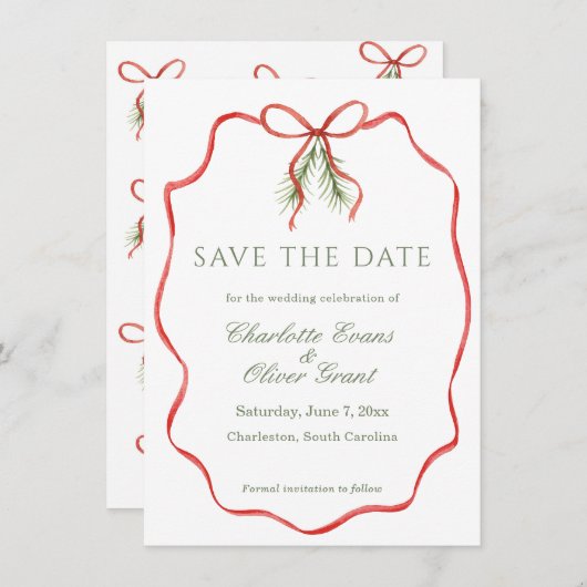Red Bow Ribbon Winter Save The Date (Vorne/Hinten)