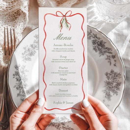 Red Bow Ribbon Winter Wedding Flat Menu Menükarte