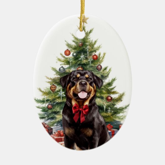 Red Bow Rottweiler Dog Weihnachten Keramik Ornament (Vorne)