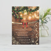 Red Bow, Rustic, Gold Company Weihnachtsgebäck Par Einladung (Stehend Vorderseite)