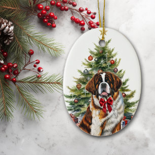 Red Bow Saint Bernard Dog Weihnachten Keramik Ornament