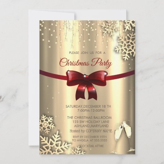 Red Bow, Schneeflocken, Brillen Gold Company Weihn Einladung (Vorderseite)