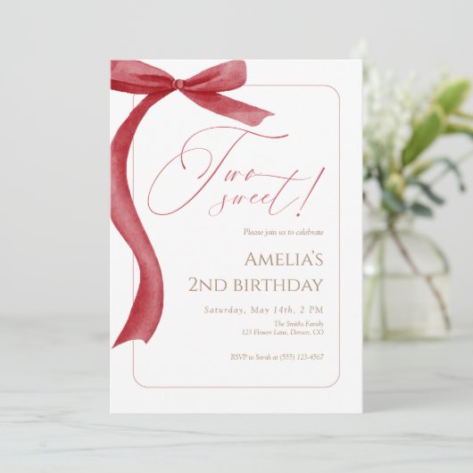 Red Bow Second Birthday Invitation Two Sweet Einladung (Stehend Vorderseite)