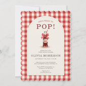 Red Bow She's Ready to Pop Gingham Baby Shower Einladung (Vorderseite)