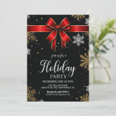 Red Bow Snowflake Weihnachtsfeier Einladung (Stehend Vorderseite)