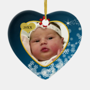 Red Bow Snowy Blue Baby's First Christmas Heart Keramikornament