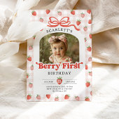 Red Bow Strawberry Berry First Birthday Photo Einladung