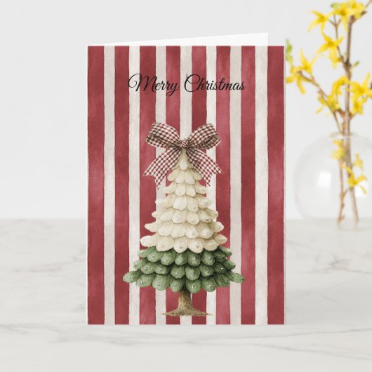 Red Bow Stripes Christmas Green Cream Tree Karte (Gelbe Blume)