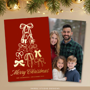 Red Bow Tree Christmas Foto Gold Foil Card Folien Feiertagskarte