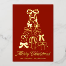 Red Bow Tree Christmas Foto Gold Foil Card
