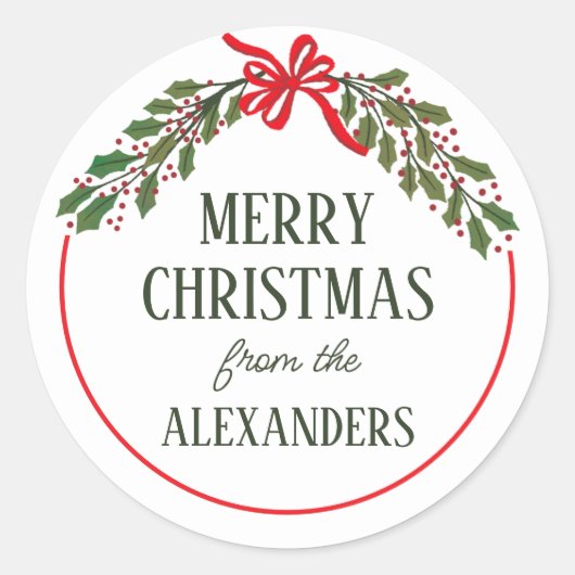 Red Bow und Holly Garland Weihnachten Runder Aufkleber (Vorderseite)