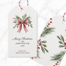 Red Bow Watercolor Green Holly Berries Weihnachten Geschenkanhänger