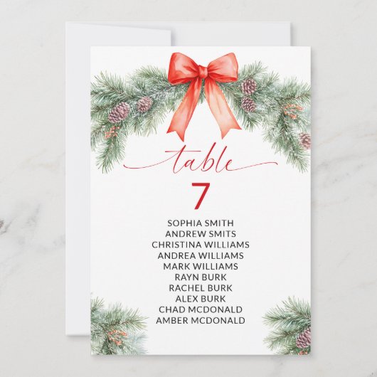 Red Bow Weihnachts-Tischnummer Sitzplan Einladung (Rückseite)