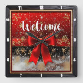 Red Bow Welcome Christmas Quadratische Wanduhr (Vorderseite)