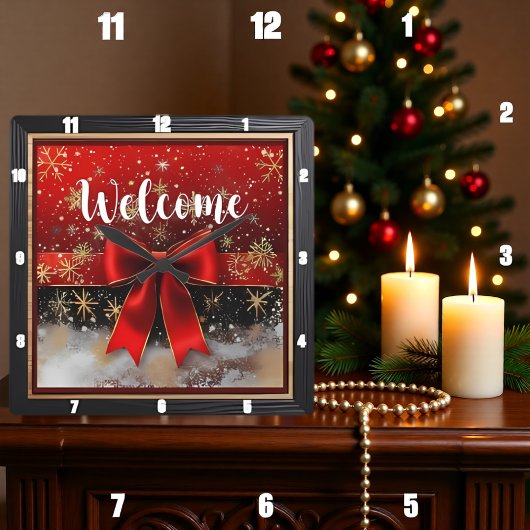 Red Bow Welcome Christmas Quadratische Wanduhr
