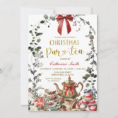 Red Bow Winter Greenery Christmas Tea Party Einladung (Vorderseite)