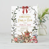 Red Bow Winter Greenery Christmas Tea Party Einladung (Stehend Vorderseite)