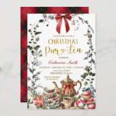 Red Bow Winter Greenery Christmas Tea Party Einladung (Vorne/Hinten)