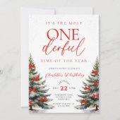 Red Bow Winter Onerderland 1. Geburtstag Einladung (Vorderseite)