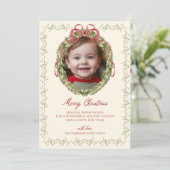 Red Bow Wreath Foto Feiertagskarte (Stehend Vorderseite)