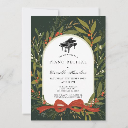 Red Bow Wreath Piano White Recital Invitation Einladung (Vorderseite)