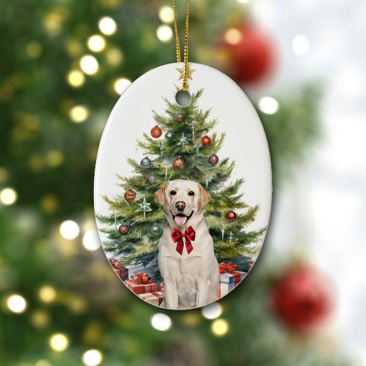 Red Bow Yellow Labrador Retriever Christmas Keramik Ornament