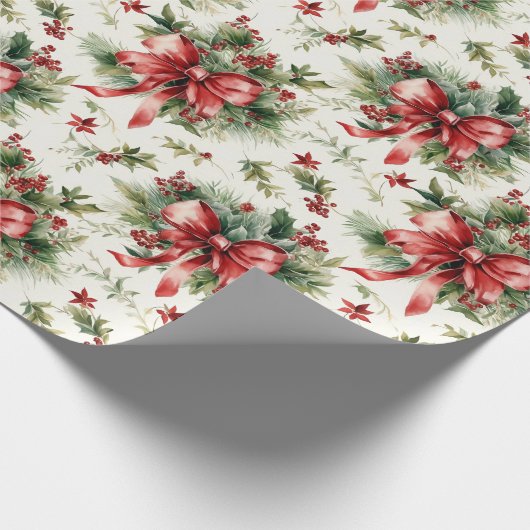 Red Bows and Holly Leaves Geschenkpapier (Ecke)