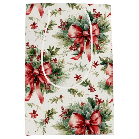 Red Bows and Holly Leaves Mittlere Geschenktüte (Vorderseite)