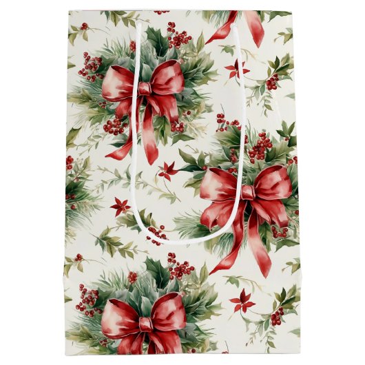 Red Bows and Holly Leaves Mittlere Geschenktüte (Rückseite)