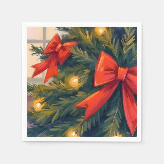 Red Bows Christmas Tree Watercolor Holiday Serviette (Vorderseite)