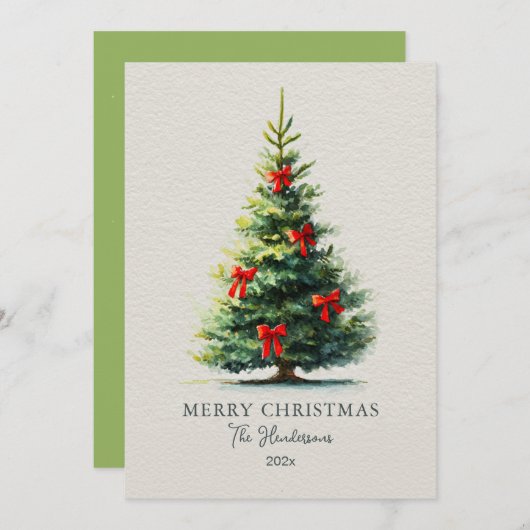 Red Bows Merry Christmas Tree Feiertagskarte (Vorne/Hinten)