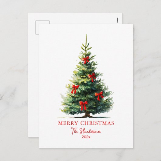 Red Bows Ribbons Merry Tree  Feiertagspostkarte (Vorne/Hinten)