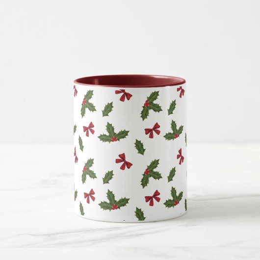Red Bows und Weihnachts Holly Pflanze Muster & Nam Tasse (Zentrum)