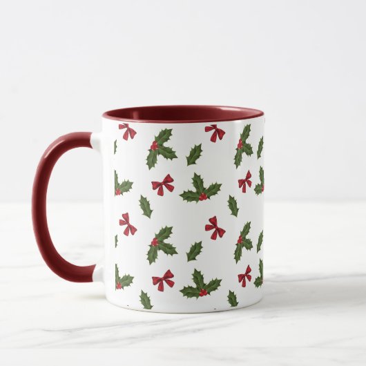 Red Bows und Weihnachts Holly Pflanze Muster & Nam Tasse (Links)