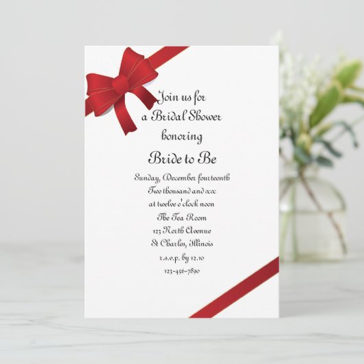 Red Bows Winter Brautparty Einladung (Stehend Vorderseite)