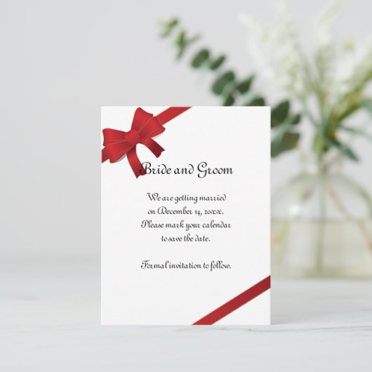 Red Bows Winter Wedding Save the Date (Stehend Vorderseite)