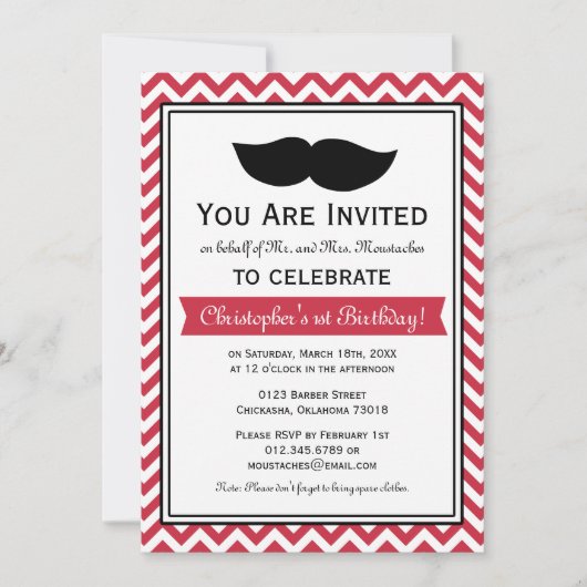 Red Boy Mustache Zickzack Geburtstagsparty Einladung (Vorderseite)