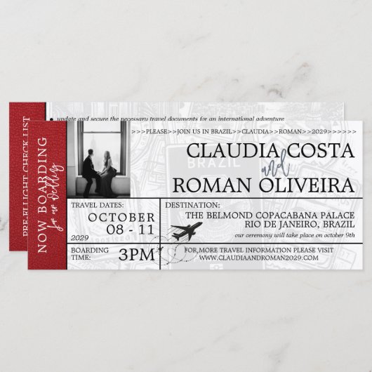 Red Brazil Wedding Boarding Pass Einladung (Vorne/Hinten)