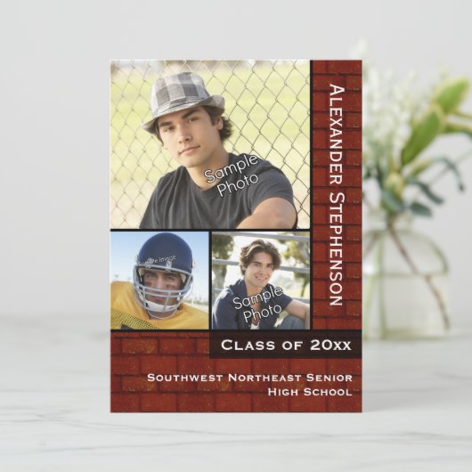 Red Brick Wall Foto Abschluss Einladung (Stehend Vorderseite)